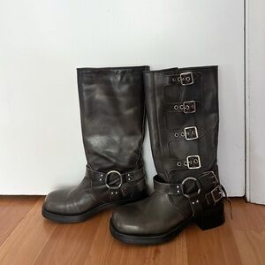 Brown/Black Leather Buckle Boots - Never Worn!